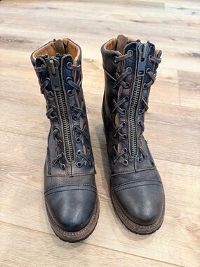 Freebird Brown Leather Lace-Up Zip Front Combat Boots